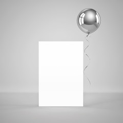 Blank paper template with silver foil balloon on gray background