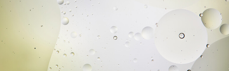 panoramic shot of abstract light green and grey color background from mixed water and oil bubbles