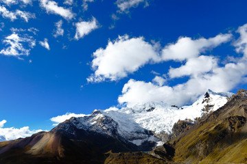 Sunset view of the snowy Huaytapallana in the central mountain range of the Peruvian Andes