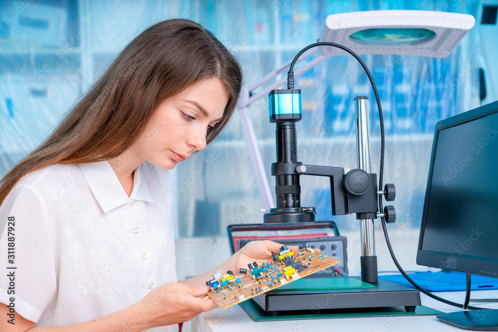 Sticker woman worker in laboratory of electronics devices