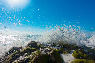 A surge of surf waves on a rocky shore