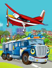 cartoon scene with police car vehicle on the road and fireman plane flying - illustration for children