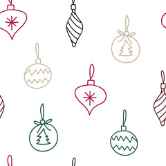 Christmas tree decorations, ornaments, baubles seamless pattern for wrapping paper, wallpaper.