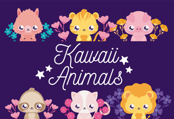 Kawaii animals cartoons and flowers vector design