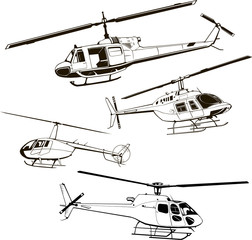 helicopters, set four models, vector illustration, icon, symbol, monogram, isolated, silhouette