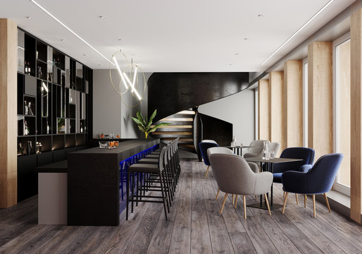 Modern interior of bar, restaurant. Concept of restaurant interior with black bar and blue light and armchairs and black stairs. Stylish bar interior. 3d rendering. Mockup. Interior design.