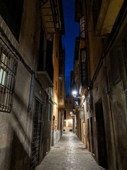 Enge, pittoreske Gasse in der Abenddämmerung in der Altstadt von Palma de Mallorca in der Nähe der Kathedrale