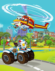 Obraz na płótnie Canvas cartoon scene with police car vehicle on the road and fireman helicopter flying - illustration for children