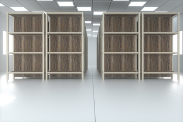 Rows of bookshelves in the bright room, 3d rendering..