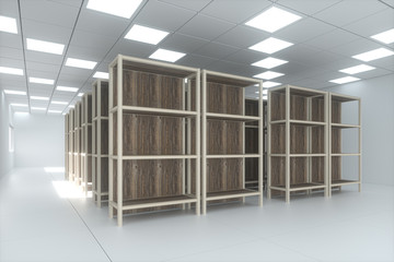 Rows of bookshelves in the bright room, 3d rendering.