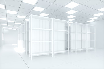 White shelves with white background, bright and spacious, 3d rendering.