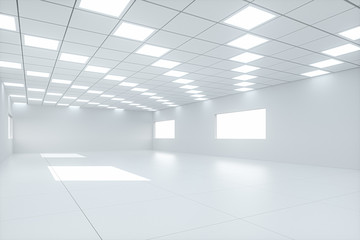 White bright and spacious room, white background, 3d rendering.