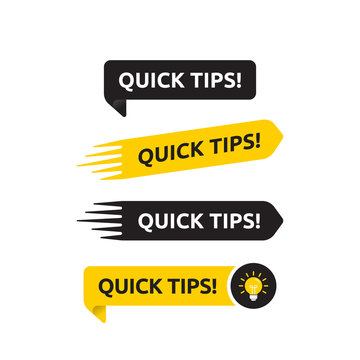 Quick tips, helpful tricks vector logo icon or symbol set with black and yellow color and lightbulb element suitable for web. emblems and banners vector set isolated