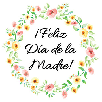 Mother Day banner decorated hand drawn watercolor flowers. Lettering title in Spanish