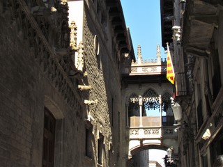 Pont del Bisbe or Puente del Obispo (Bishop) the mysterious and charming bridge in the Gotic in Barcelona build in the XX century full of impressive details