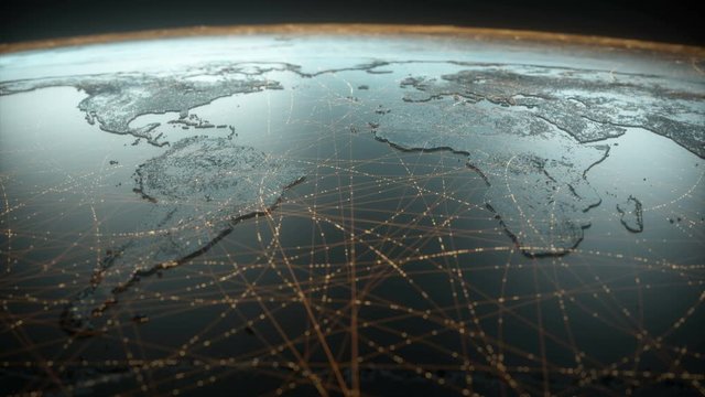 Globalized world, the future of digital technology. Connections and cloud computing in the virtual world. World map with satellite data connections. Connectivity across the world.