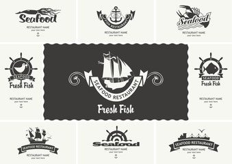 Set of vector banners or business cards for seafood restaurants with logos on the theme of seafood in retro style. Can be used as design element for menu, label, emblem