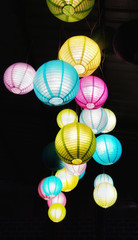 Chinese paper ball lanterns hanging from the dark ceiling