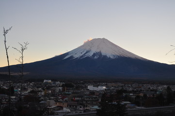 Fuji and city Fujikawaguchiko view from the top of the mountain Landscape beautiful Mount Fuji Japan