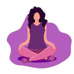 A young woman sits in a padmasana pose and meditates. Girl sits in the lotus position, legs crossed. Thought process. Relaxation of the body, soul and mind. Concentration. Flat style illustration