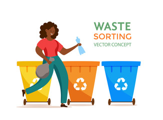 Young afro American woman throwing plastic garbage into containers vector illustration.