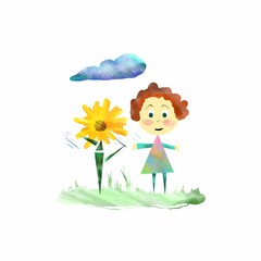 Little children girl with sun flower illustration.