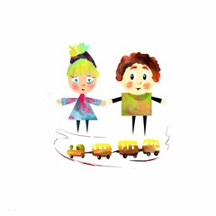 Fototapeta premium Children boy and girl with train toy .