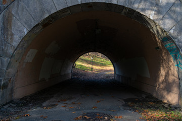 Fototapeta na wymiar Tunnel and Street Light at Riverside Park on the Upper West Side of New York City during Autumn