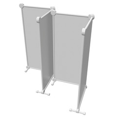 Blank Roll Up fold up Banner Stands. Trade show booth white and blank. 3d render isolated on white background. High Resolution Template for your design.