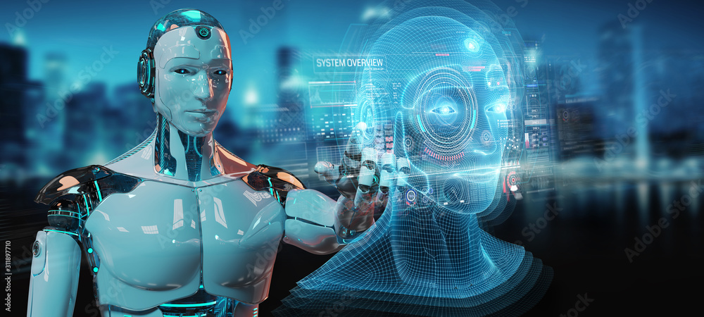 Poster white robot using digital artificial intelligence head interface 3d rendering