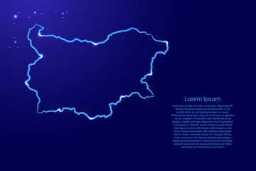 Fototapeta premium Bulgaria map from the contour classic blue color brush lines different thickness and glowing stars on dark background. Vector illustration.