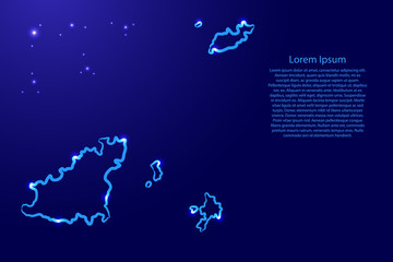 Guernsey map from the contour classic blue color brush lines different thickness and glowing stars on dark background. Vector illustration.