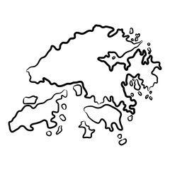 Hong Kong map from the contour black brush lines different thickness on white background. Vector illustration.