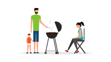 Barbecue grill. People cook food. Picnic. Flat style
