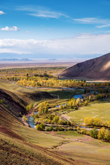 Autumn in the valley of the Kyzylshin River, top view. Kosh-Agachsky District, Altai Republic, Russia