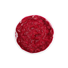 Tasty horseradish sauce in bowl isolated on white background