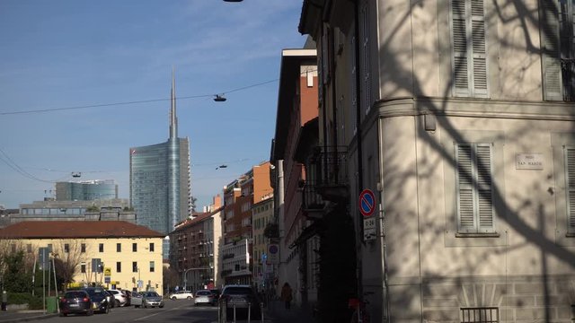 MILAN, ITALY -December 26,2019 : view of Unicredit tower and skyline of the city from Brera district , San Marco square