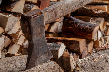 Old Rusty Axe Wedged Into Tree Stump