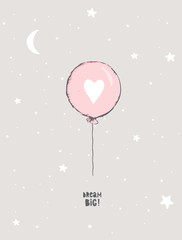 Cute Hand Drawn Pink Balloon Vector Illustration.Round Shape Blue Balloon with White Big Heart.Flying Air Balloon Isolated on a Light Gray Background. Lovely Nursery Art for Baby Girl Room Decoration.