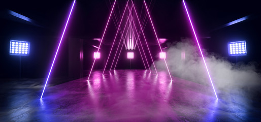 Smoke Fog Dance Club Triangle Neon Stage Beam Lasers Glowing Vibrant Blue Purple Studio Garage Underground Corridor Tunnel Lines Futuristic Sci Fi Virtual Reality 3D Rendering