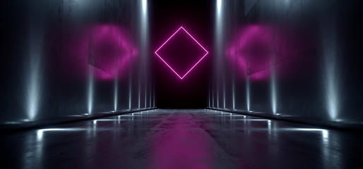 Fototapeta premium Sci Fi Futuristic Neon Glowing Purple Rectangle Dark Long Tall Hallway Concrete Grunge Path Blue White Lights Atmospheric Night Road Alien Spaceship Garage Underground 3D Rendering