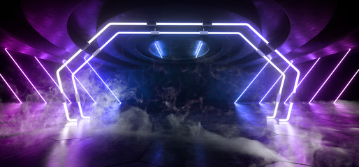Smoke Steam Fog Alien Night Dark Neon Glowing Laser Beams Sci Fi Future Blue Phantom Purple Studio Garage Underground Stage Club Concrete Reflections 3D Rendering