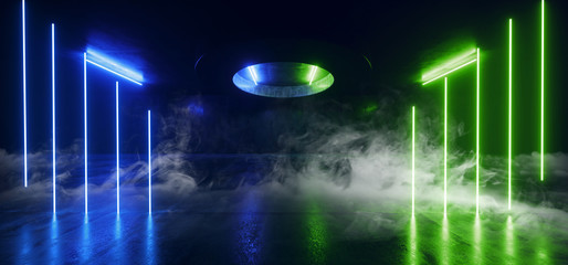 Smoke Steam Fog  Sci Fi Futuristic Alien Night Dark Neon Glowing Laser Beams Blue Phantom Green Studio Garage Underground Stage Club Concrete Reflections 3D Rendering
