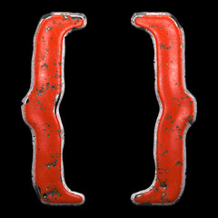 Symbol left and right brace made of red painted metal isolated on black background. 3d
