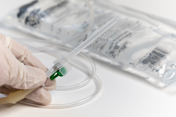 Bag of intravenous antibiotics and plastic infusion set