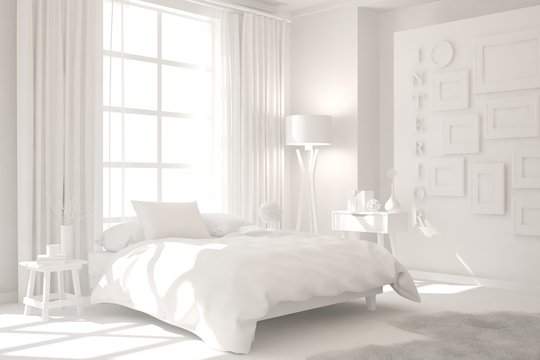 Modern bedroom in white color. Scandinavian interior design. 3D illustration