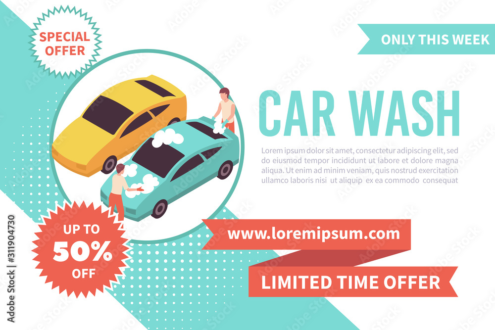 Poster Car Wash Isometric Banner