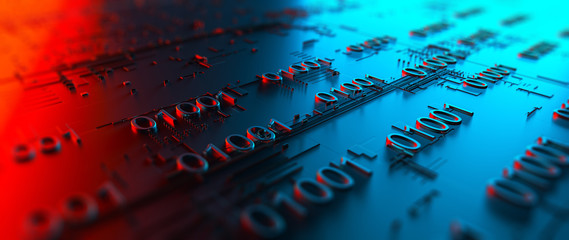Abstraction illustration binary code strings are processed by the computer's motherboard. Background from lines of binary code. Background with depth of field and bokeh. 3d rendering - obrazy, fototapety, plakaty
