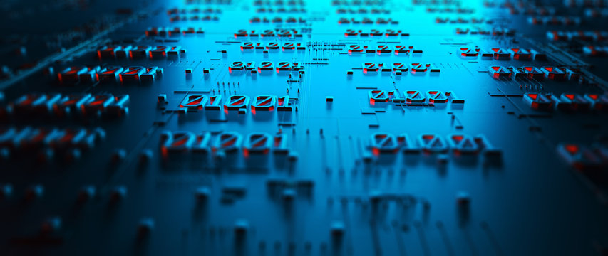 Abstraction illustration binary code strings are processed by the computer's motherboard. Background from lines of binary code. Background with depth of field and bokeh. 3d rendering
