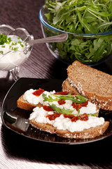 Delicious fresh cottage cheese and dried tomatoes sandwich